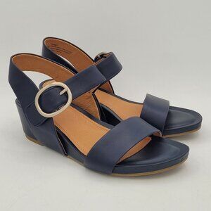 Sofft Vaya Wedge Sandals Sky Navy Womens 7.5 M Luxe Leather Hidden Hook Loop EUC